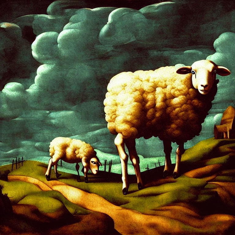 Stylized painting of two sheep on rolling hills with fluffy wool, tiny house, and dark clouds