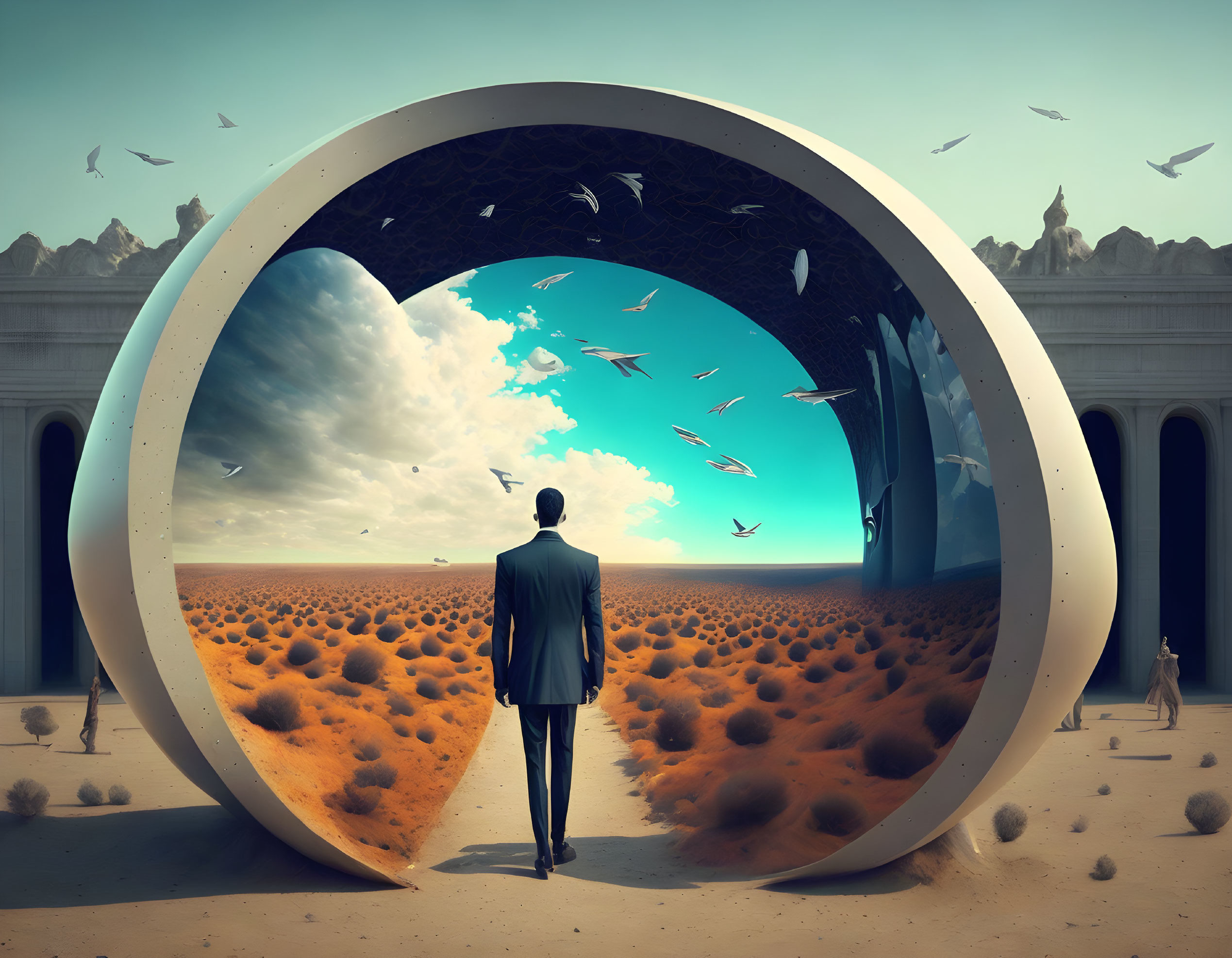 Man in suit standing before circular portal from classical hall to desert with flying birds and plants