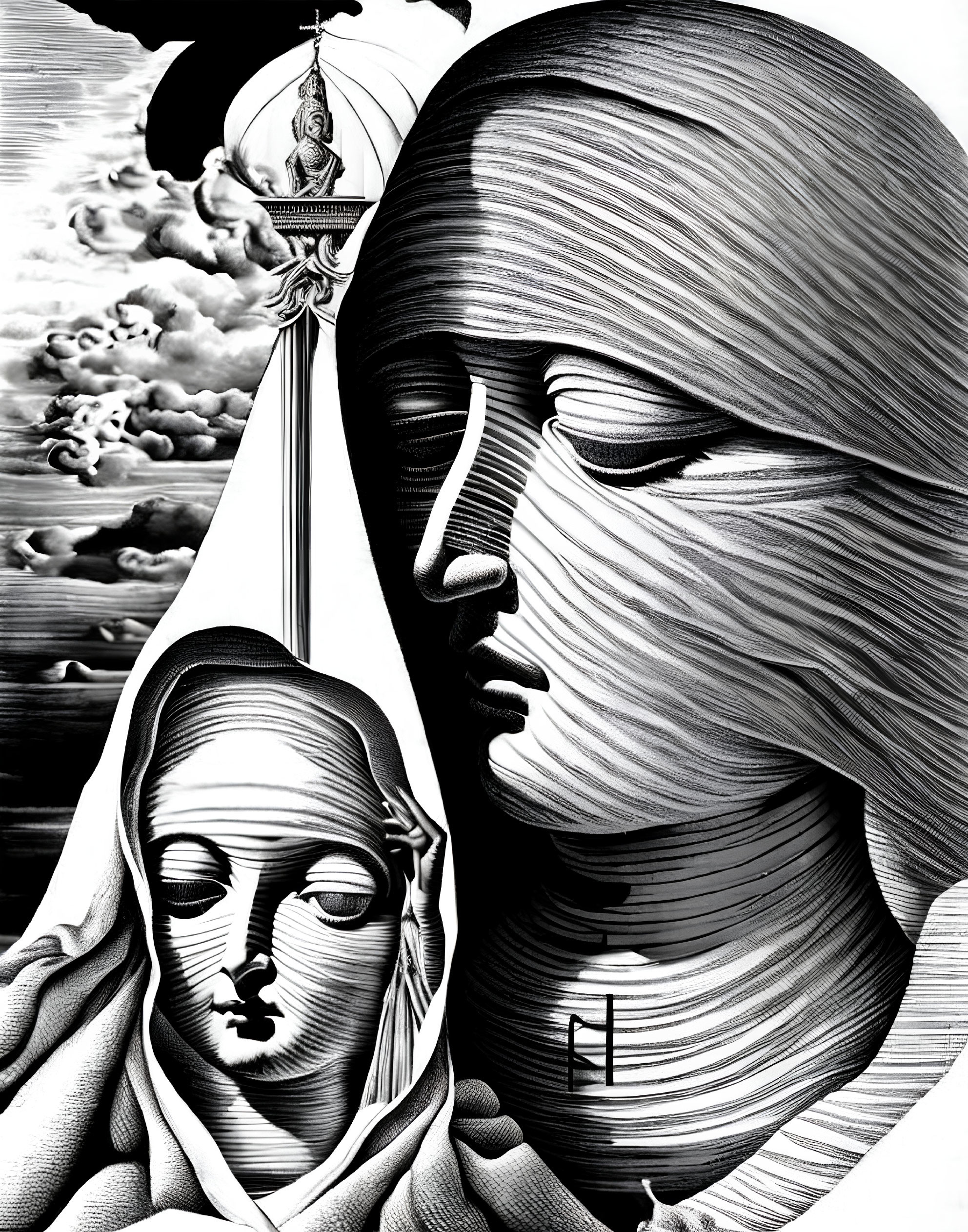 Monochromatic layered faces, cloaked figure, lighthouse, dynamic clouds