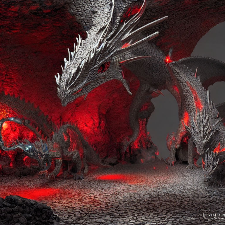 Fiery Cave Dragon with Glowing Red Eyes and Scales