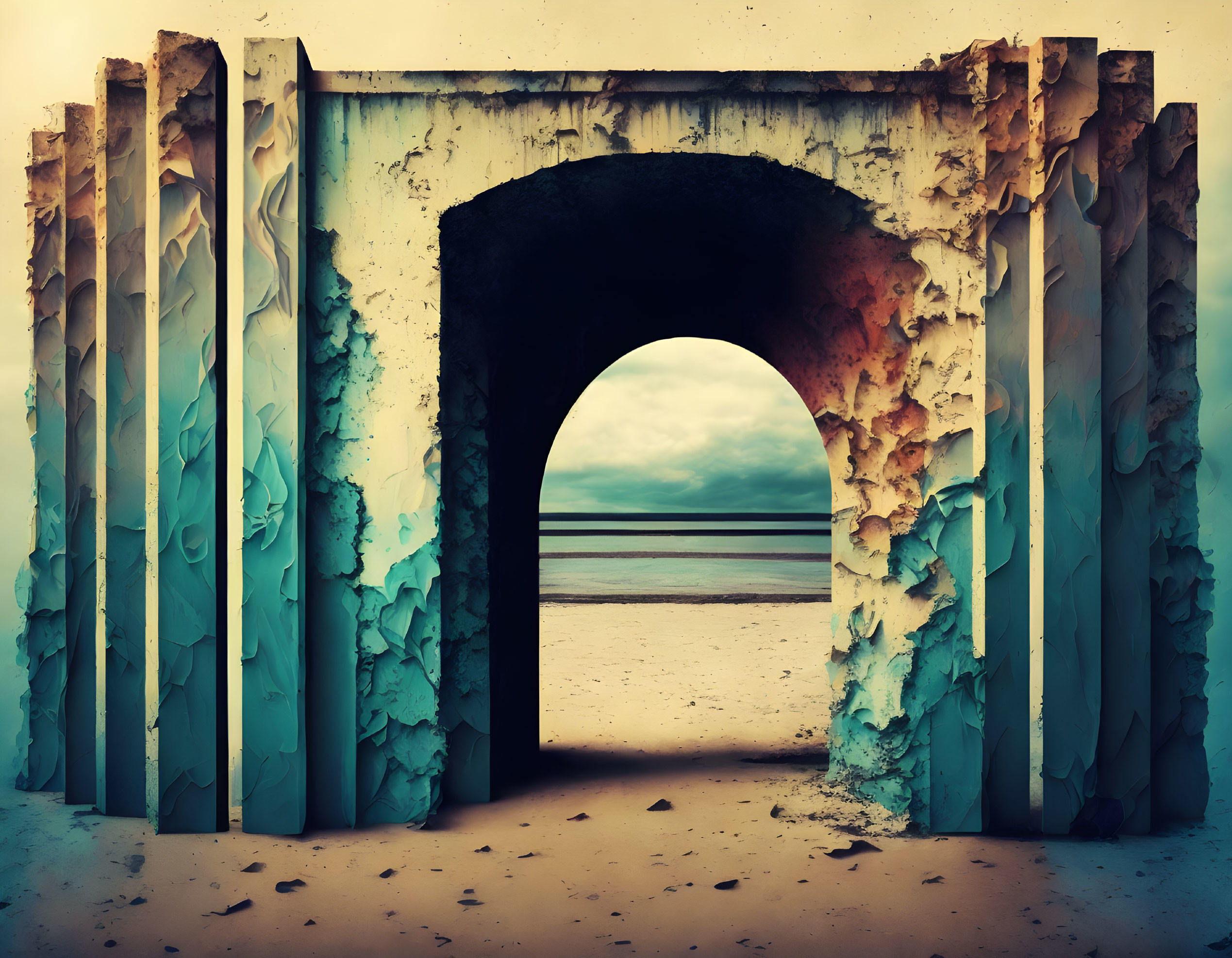 Weathered Archway Revealing Tranquil Beach Scene