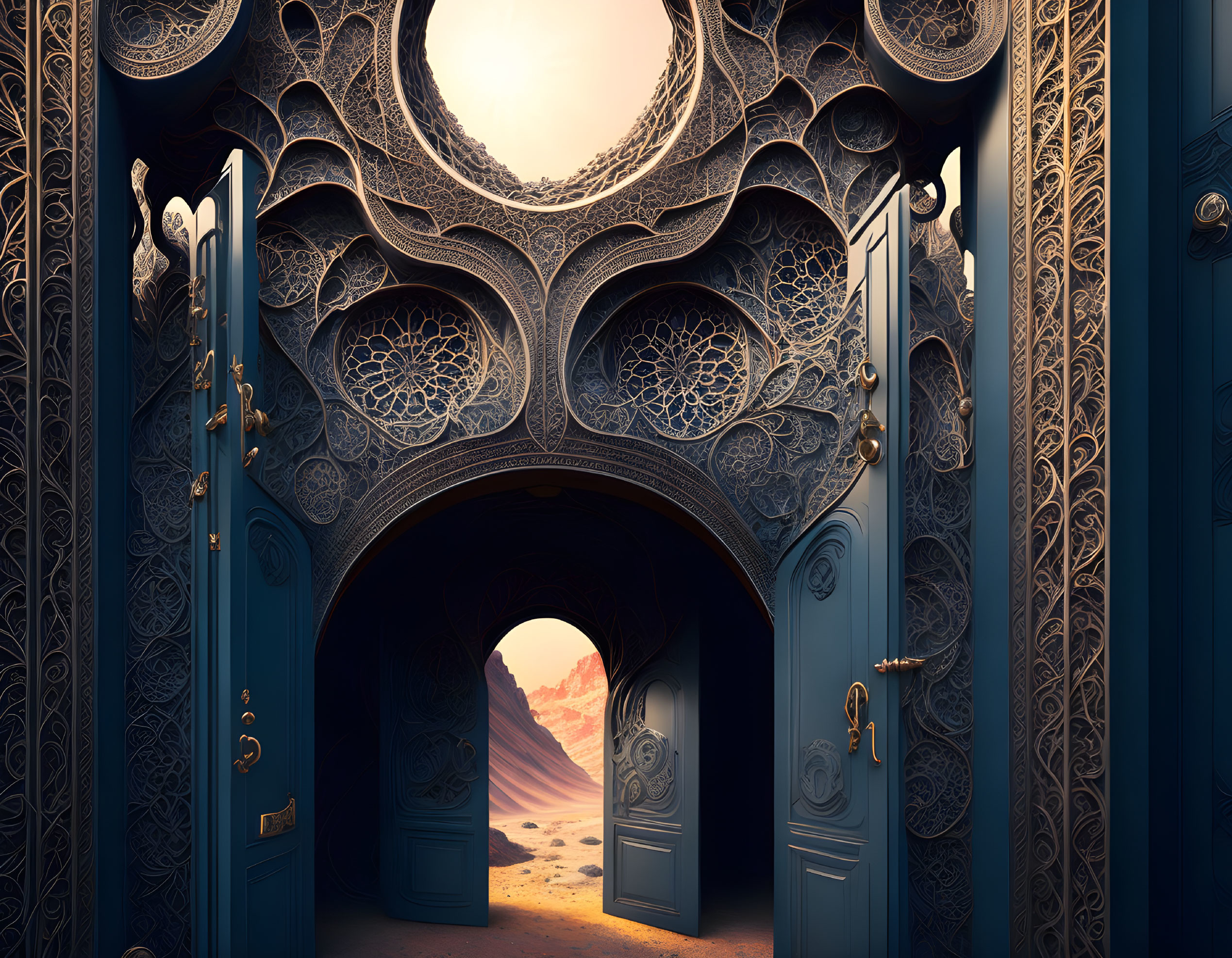 Intricate Carved Blue Double Doors Open to Desert Landscape