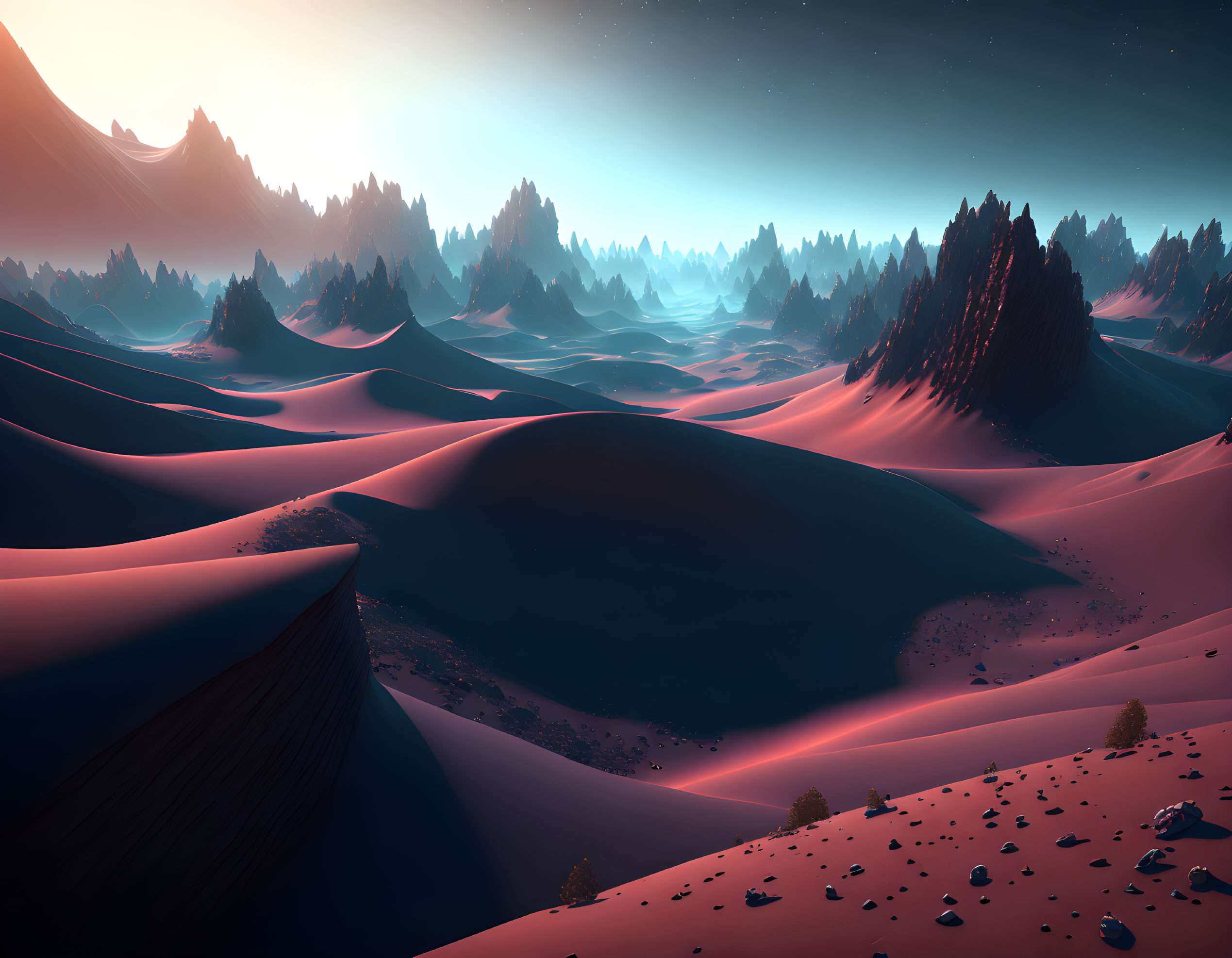 Surreal landscape: undulating hills, twilight sky, blue and orange shadows, scattered trees.