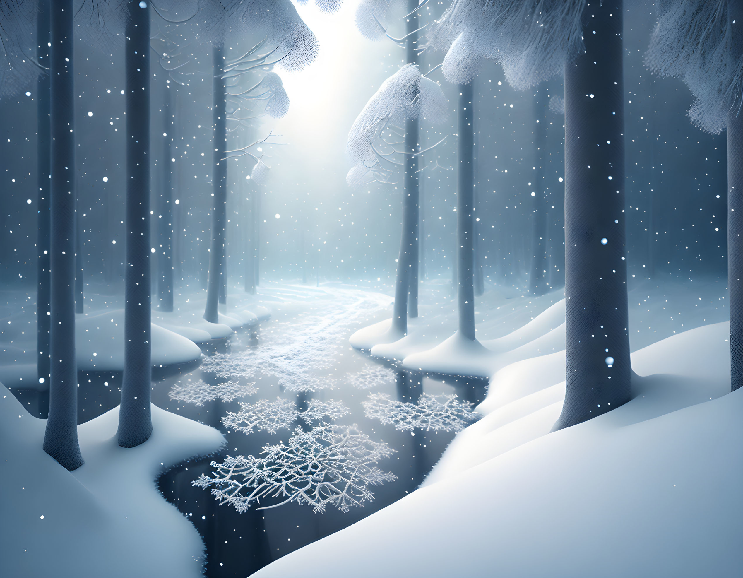 Winter Forest: Snow-covered Trees, Meandering Stream, Falling Snowflakes