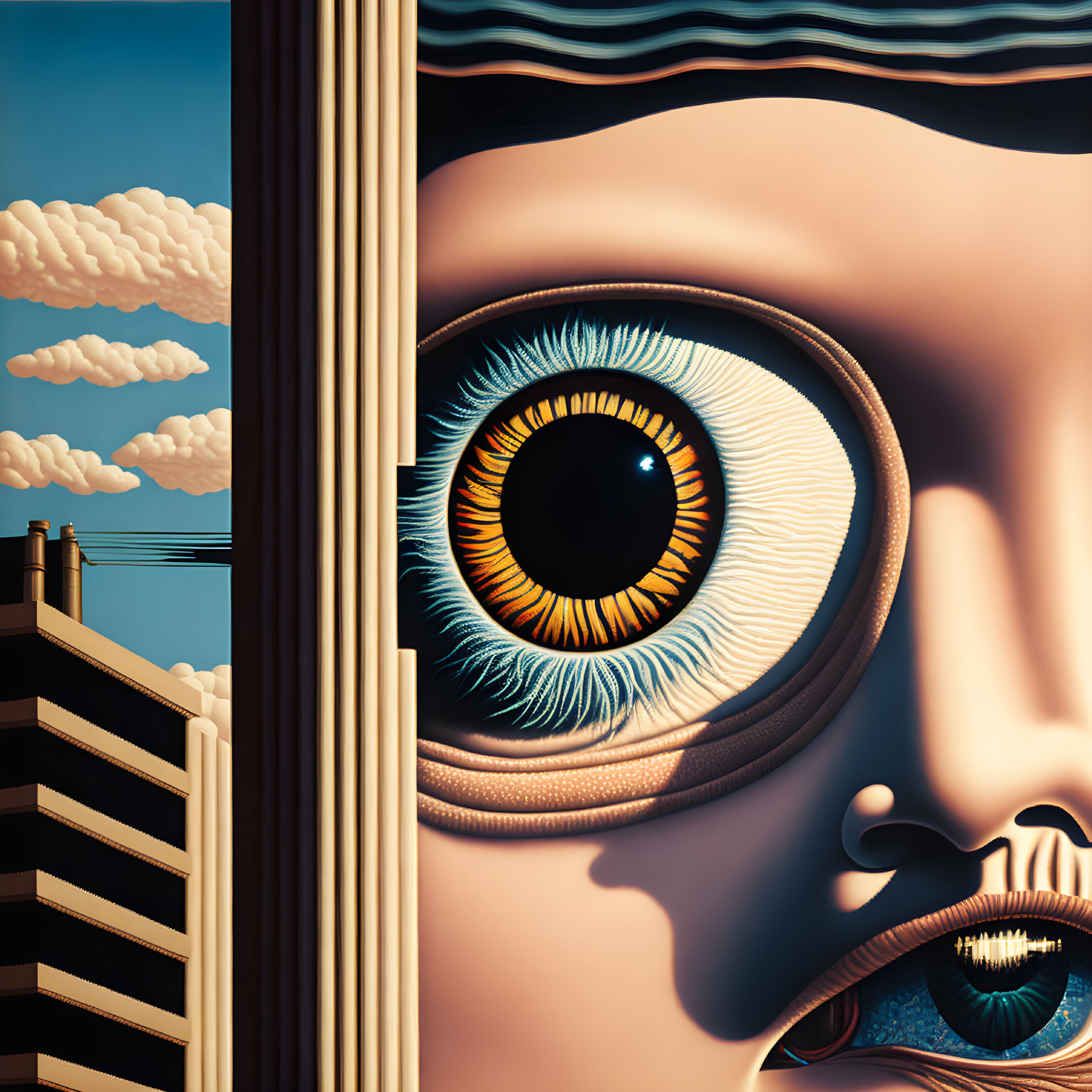 Surreal close-up illustration of human eye with urban landscape and clouds.