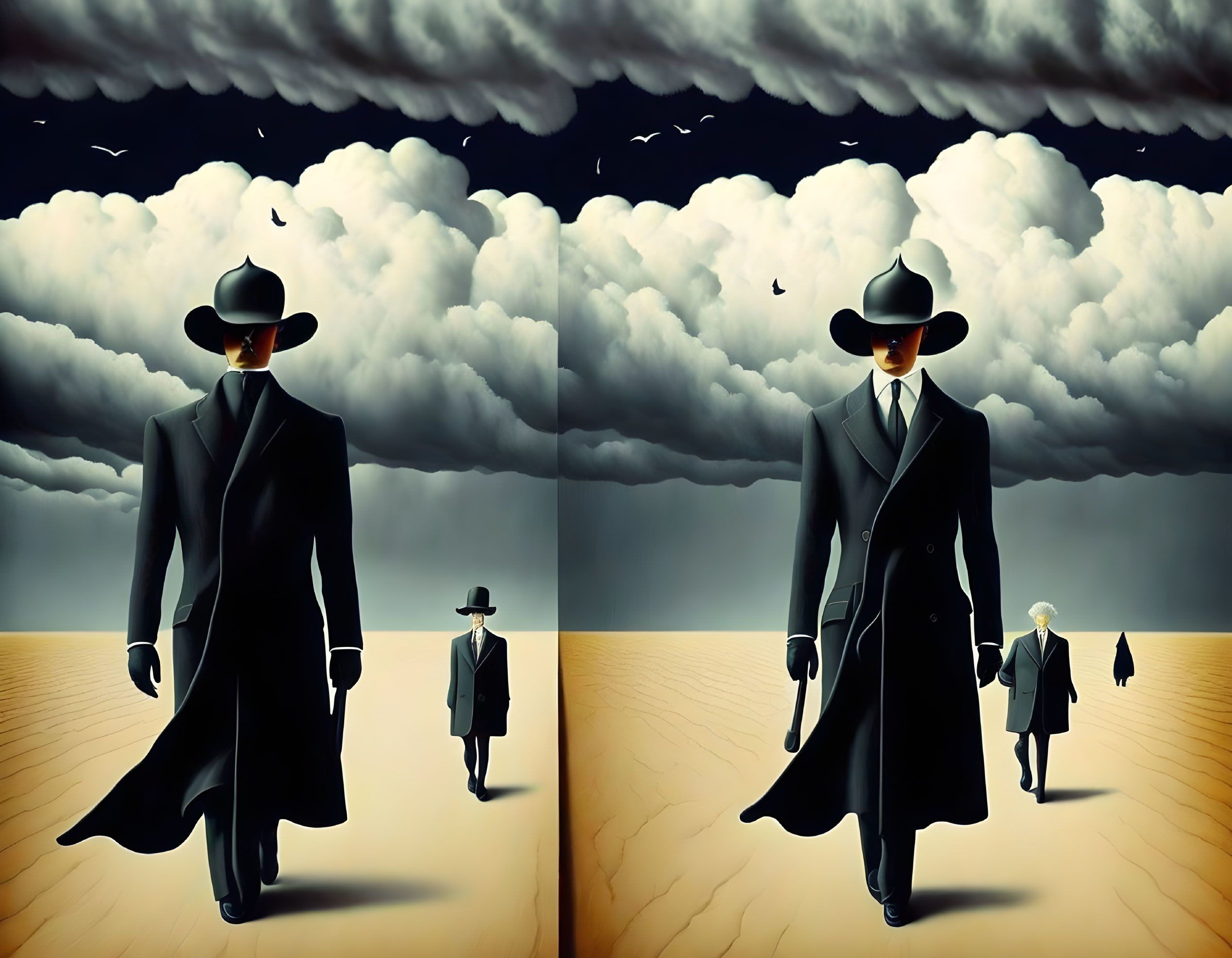 Surreal artwork: Identical men in suits and hats grow on sandy landscape under stormy sky