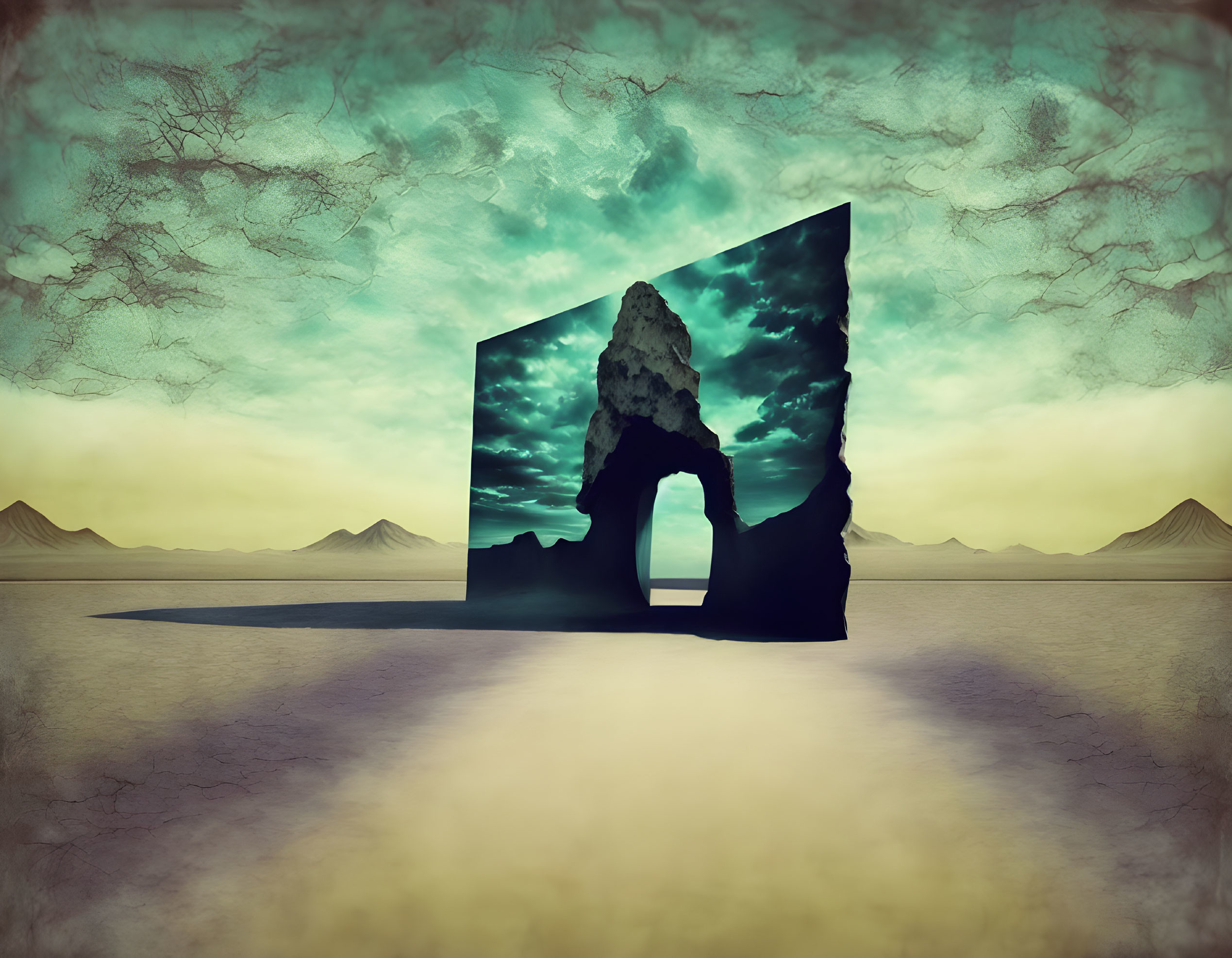 Surreal image of vibrant night sky portal in desolate landscape