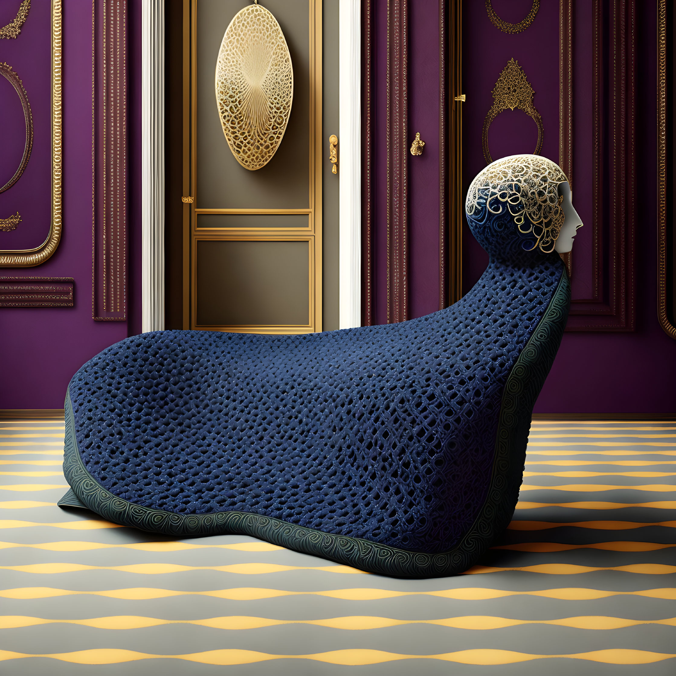 Luxurious Blue Peacock-Inspired Chaise Lounge in Golden Patterned Room