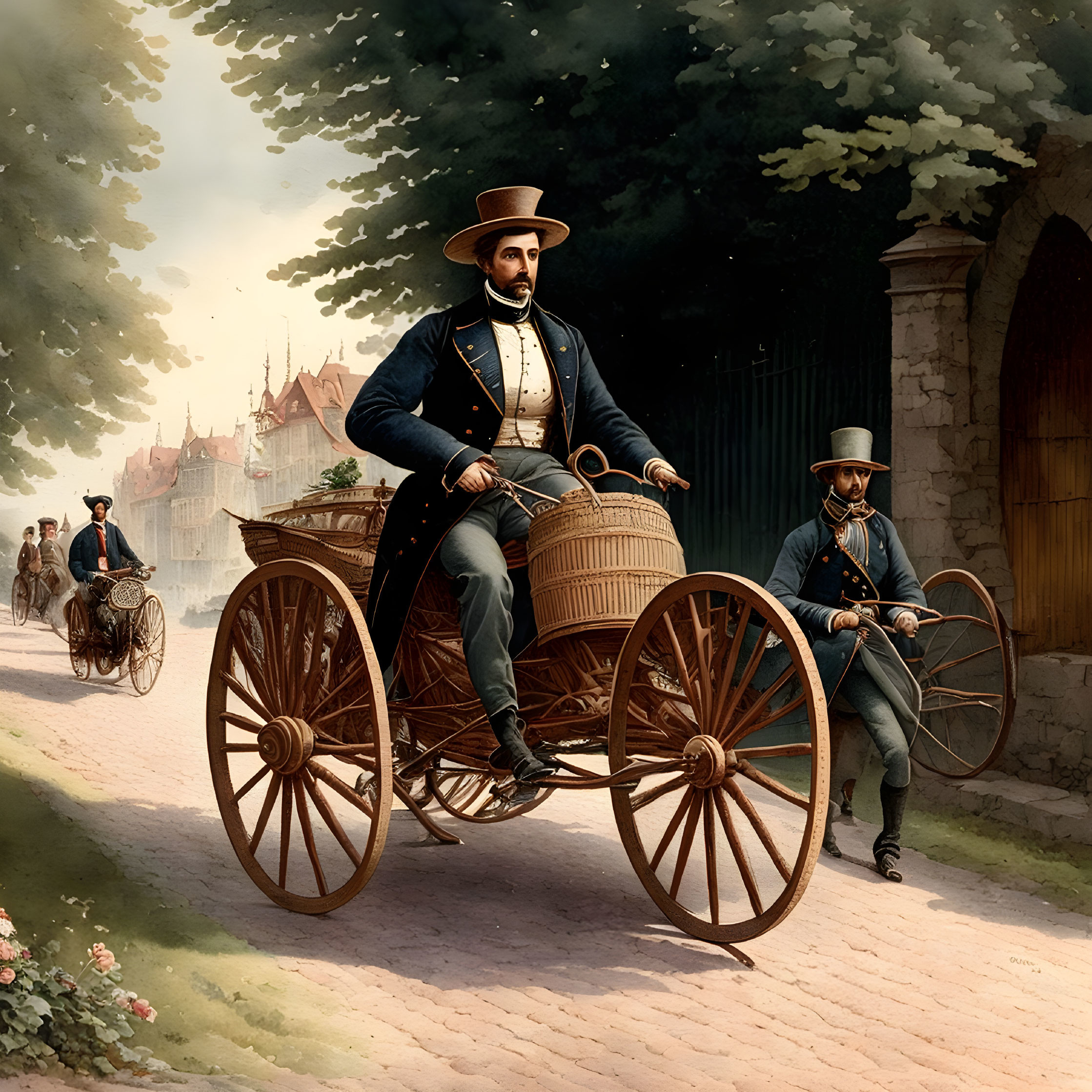 Vintage illustration of gentleman in top hat driving horseless carriage on cobbled street