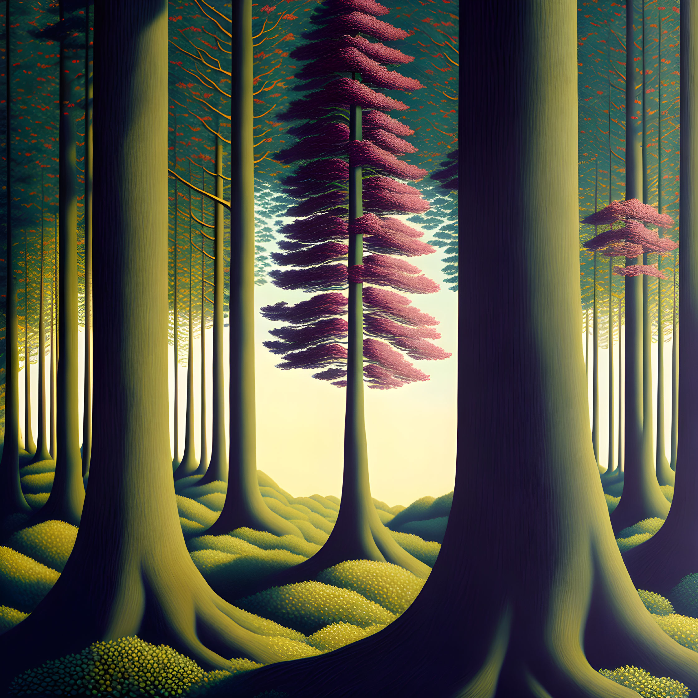 Surreal forest with tall trunks & pink foliage under gradient sky