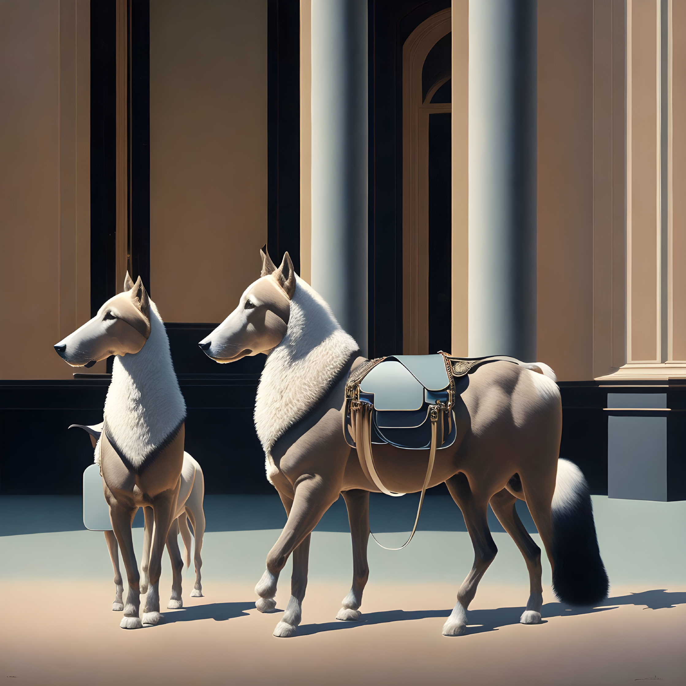 Two Husky-Like Dogs with Saddle Stand in Courtyard with Classical Columns