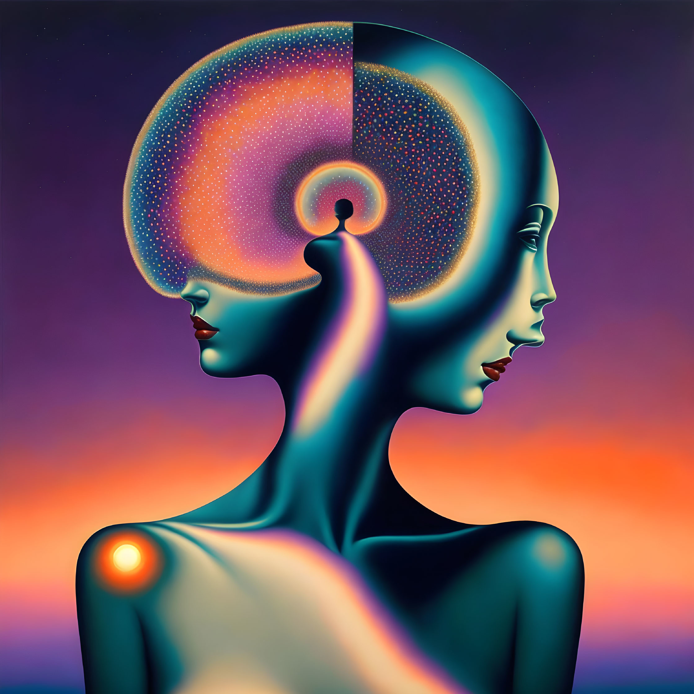 Surreal illustration of merging human profiles with cosmic design on twilight backdrop