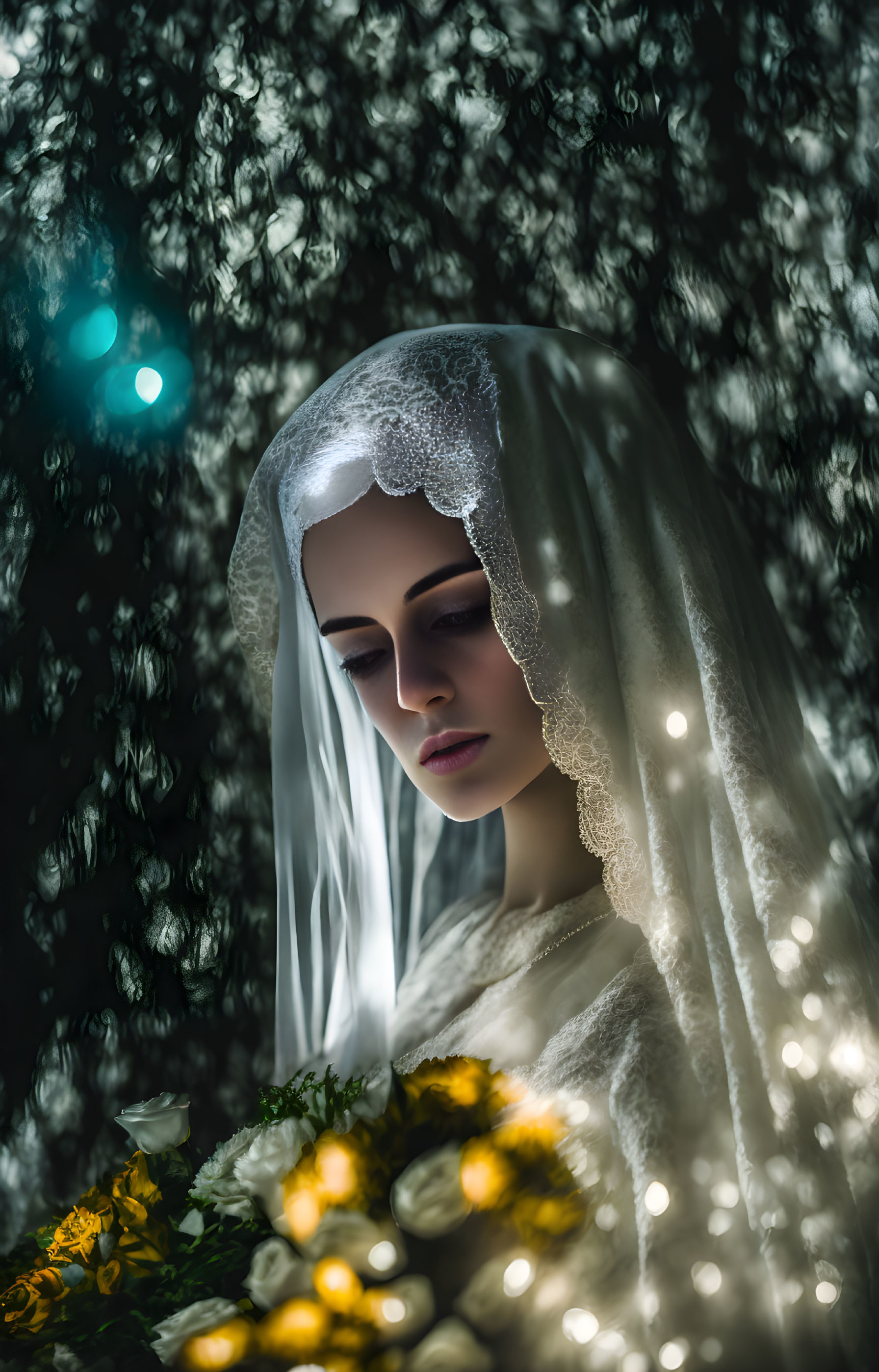 Bride in white dress with bouquet, soft lights, and floral surroundings