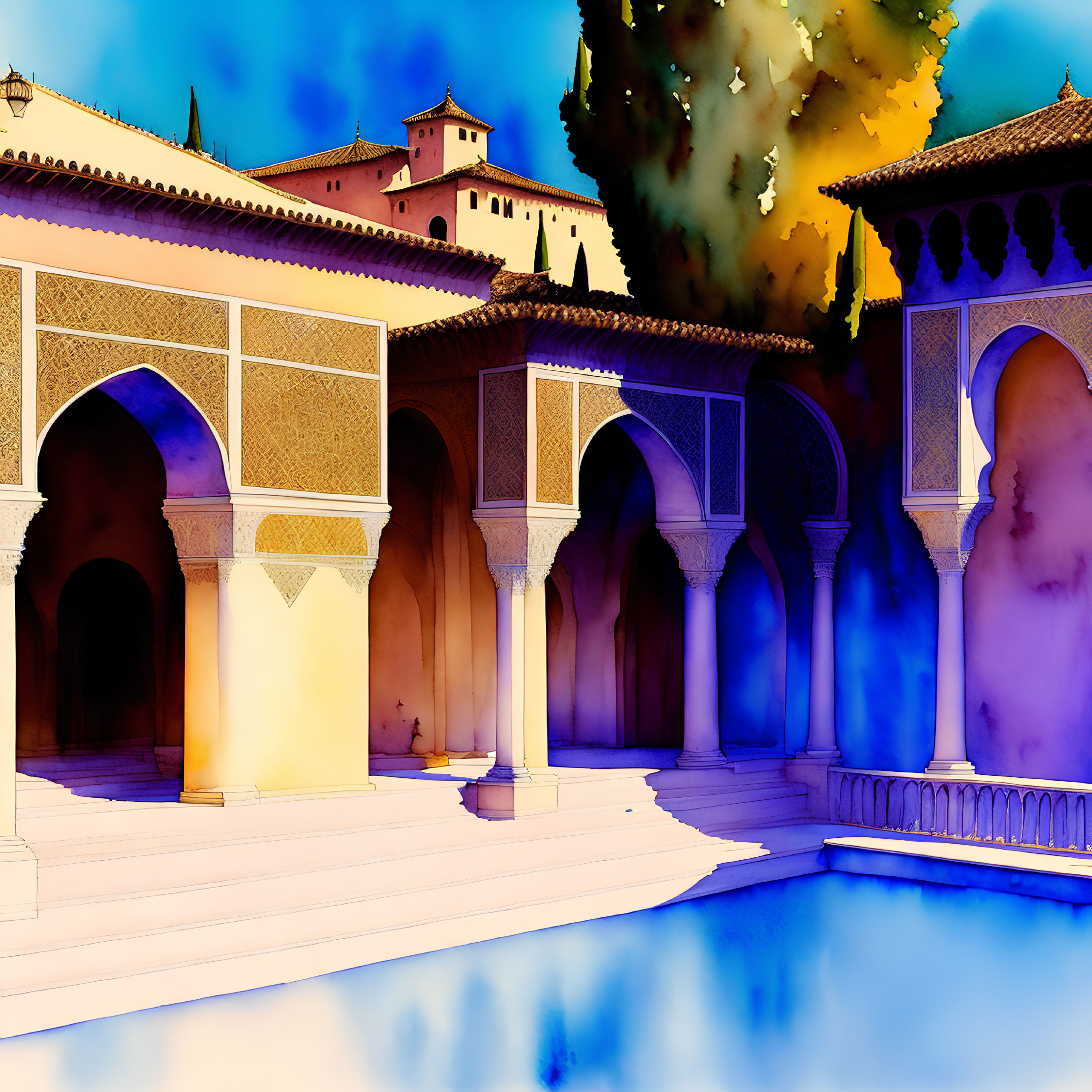 Colorful illustration of Moorish-style courtyard with arches, columns, and pool under surreal sky