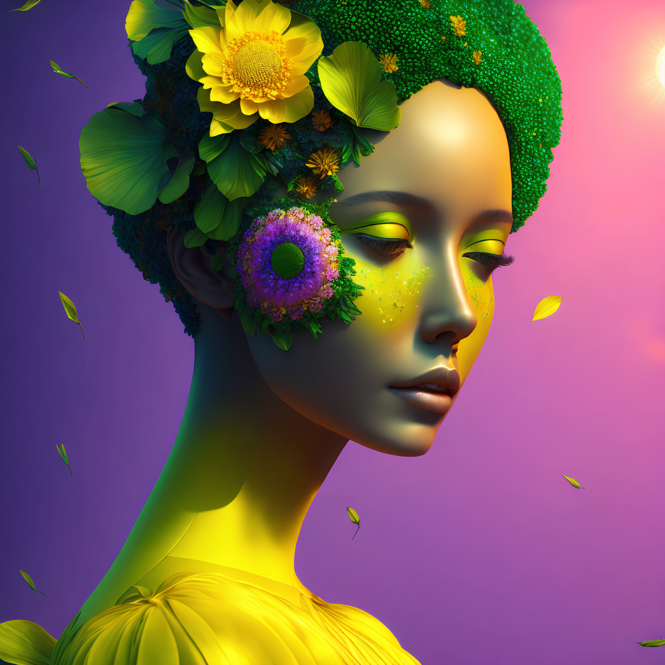 Digital artwork: Woman with green floral hair on purple background