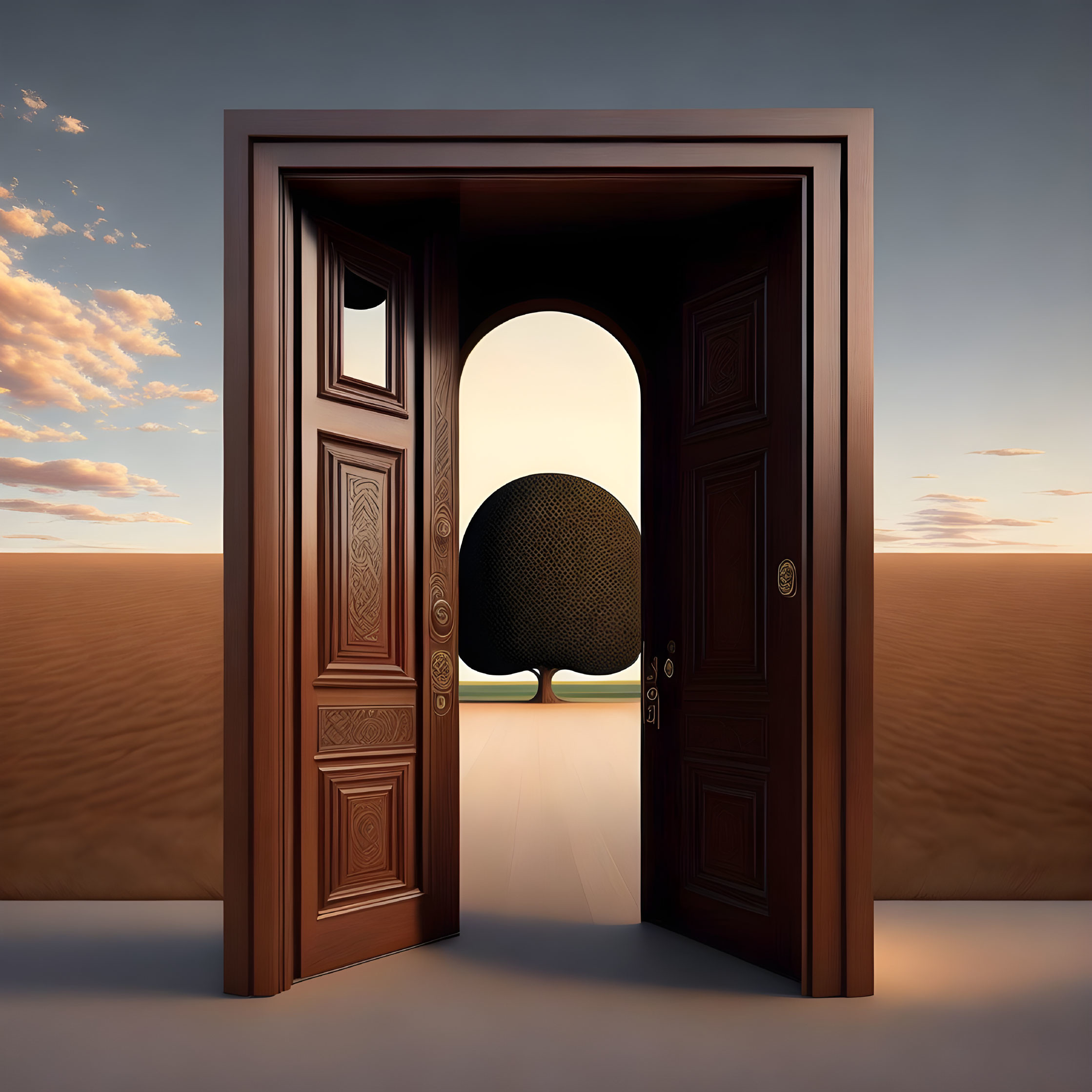 Wooden door in desert opens to surreal floating sphere above oasis at sunset