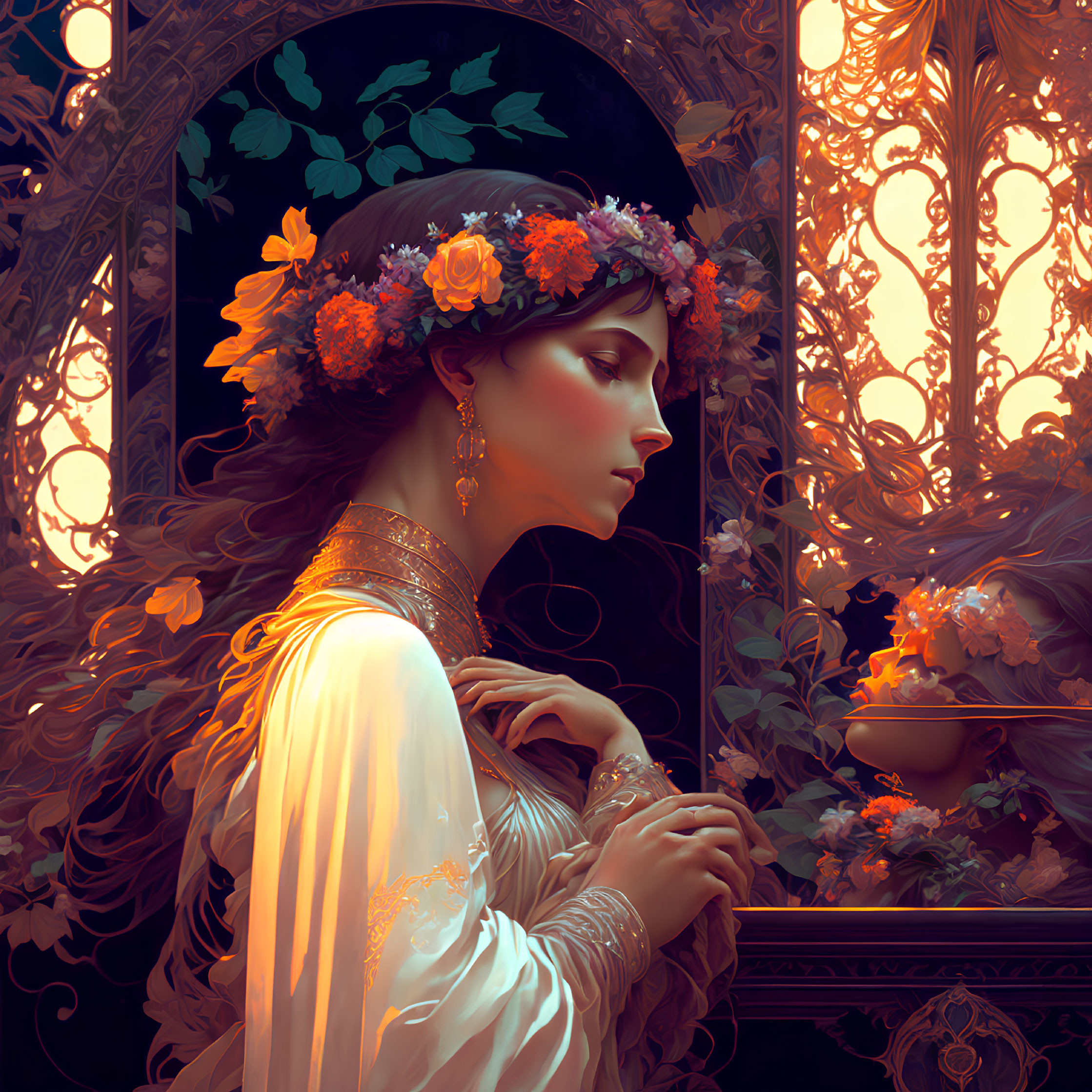 Woman in floral crown gazes through ornate window in warm light