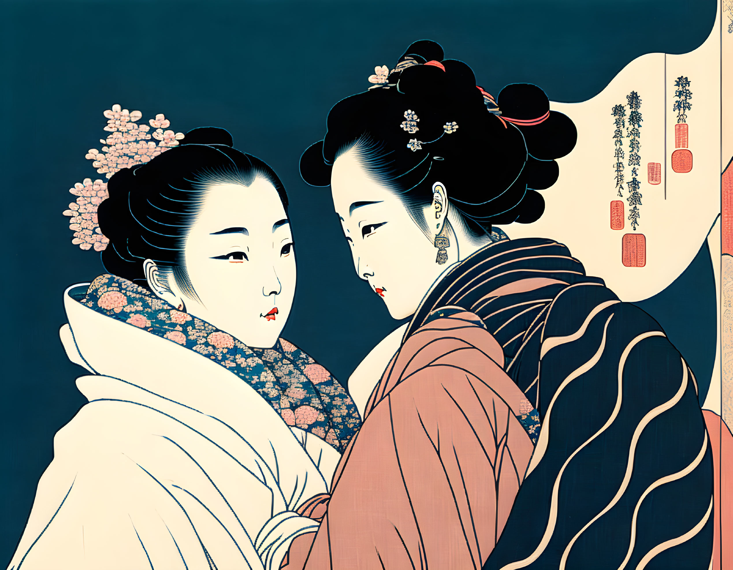 Traditional Japanese women in intricate attire and hairstyles in classic ukiyo-e style.