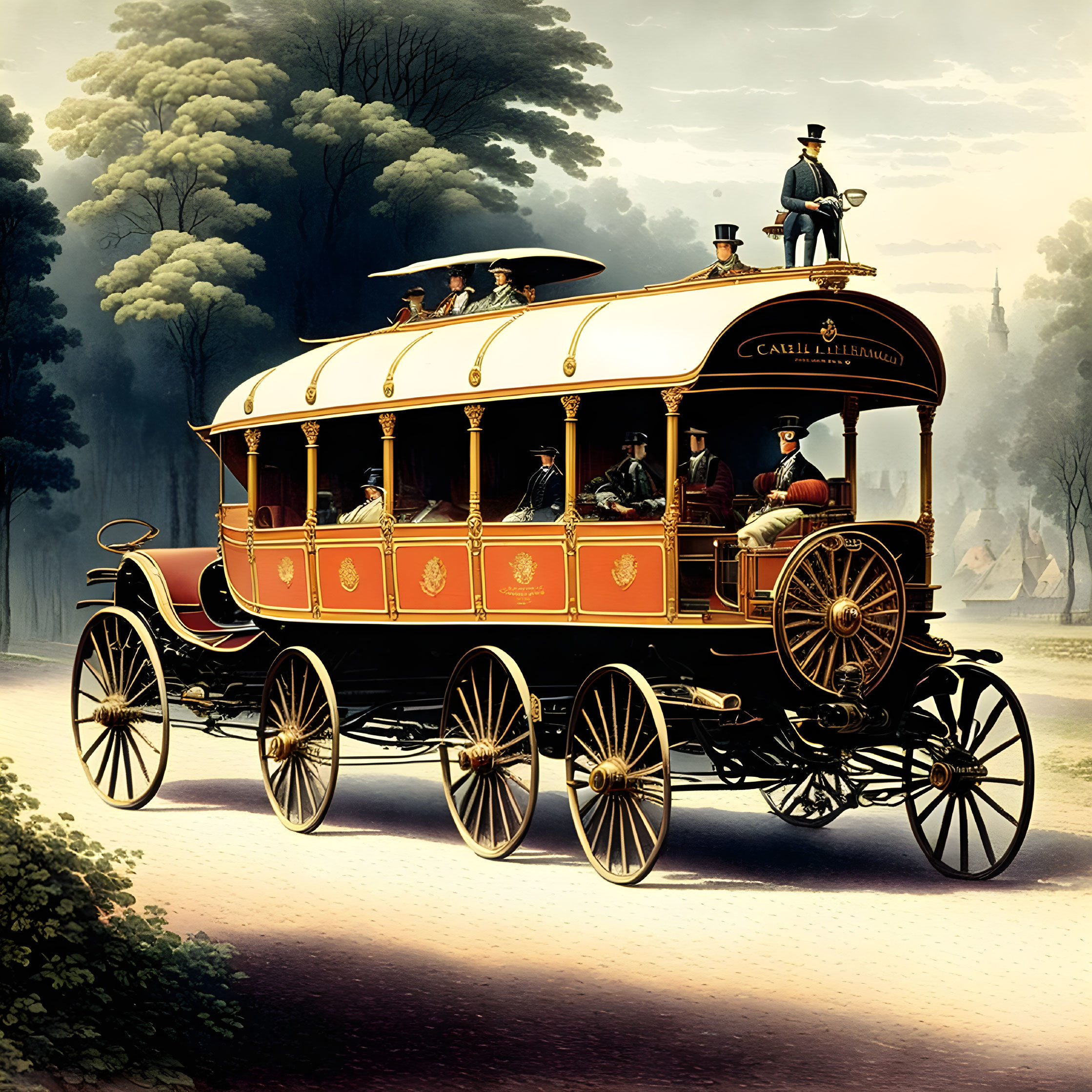 Vintage horse-drawn carriage with ornate details and large spoke wheels on shaded path