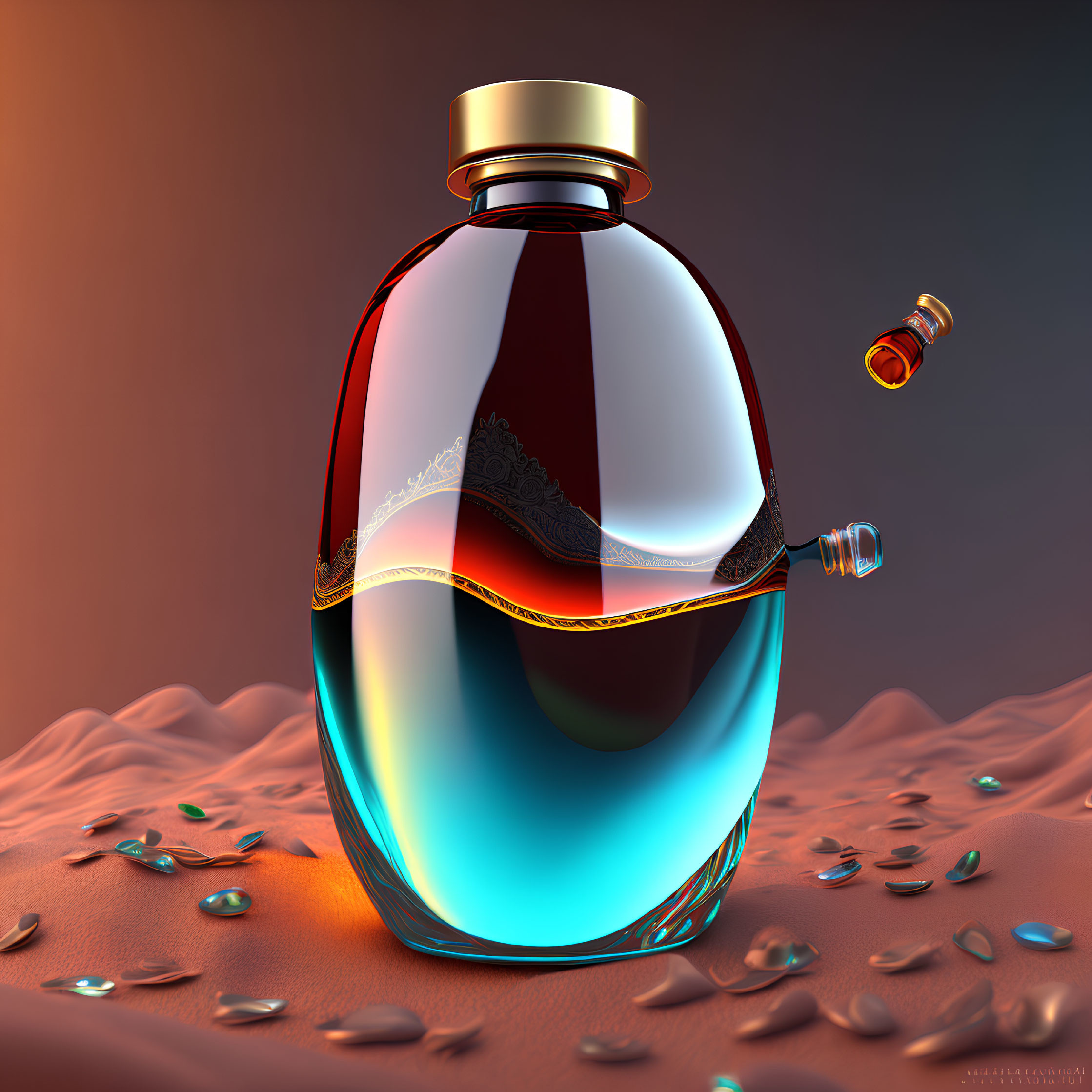 Conceptual perfume bottle: 3D rendering with red to blue gradient, golden details, textured surface