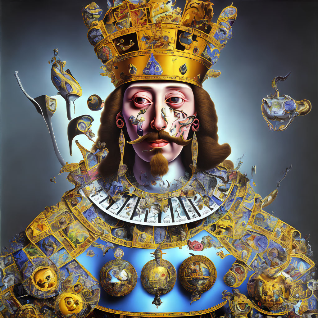 Surreal portrait of royal figure in gold armor with steampunk elements