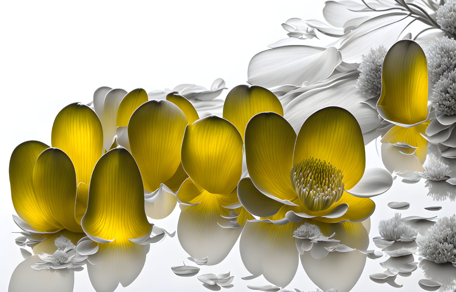 Metallic Flowers Digital Art on Reflective Surface