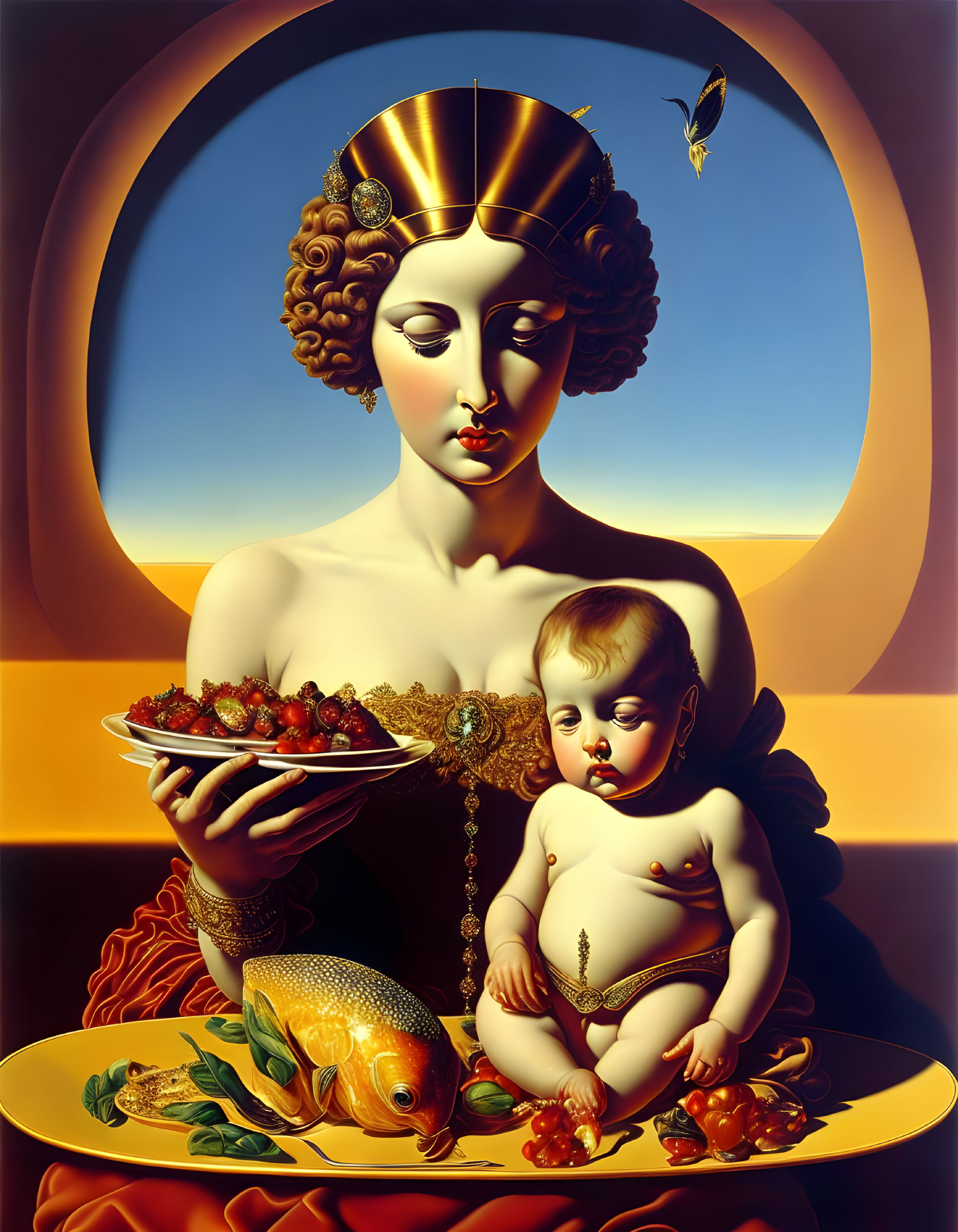 Surreal painting of woman with strawberries, baby, and fish on table