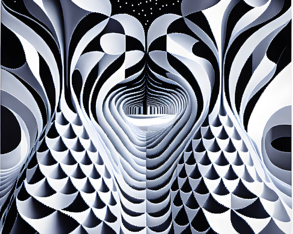 Abstract black and white optical illusion with curving lines and spherical shapes creating a tunnel effect.