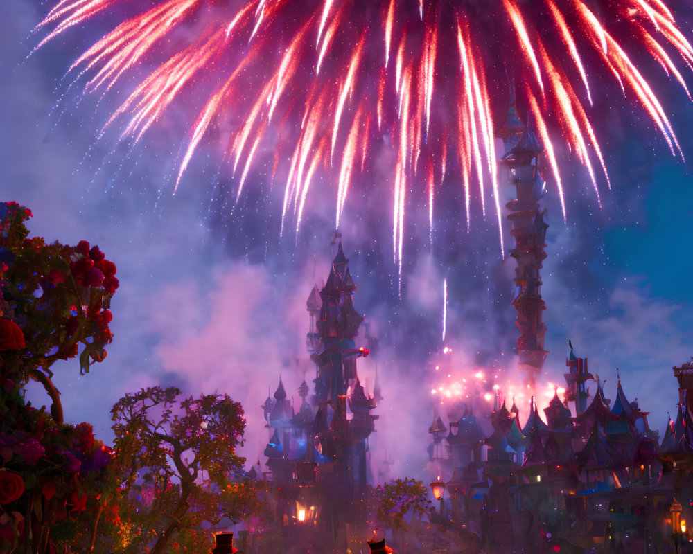 Fantasy castle with figures watching fireworks at night