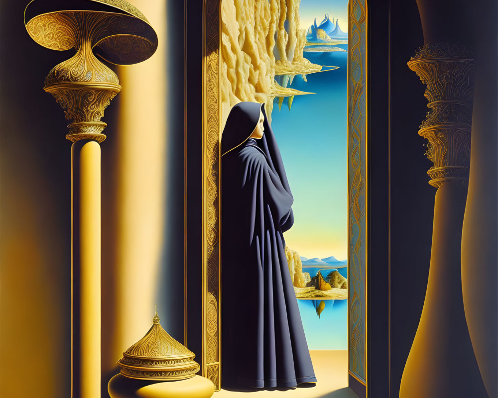 Robed Figure in Arched Doorway Observing Surreal Landscape