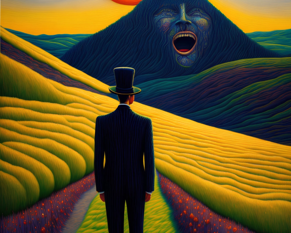 Surreal illustration of man in suit with screaming mountain face