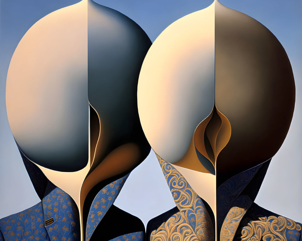 Stylized faceless figures in suits merge into abstract shape on blue backdrop