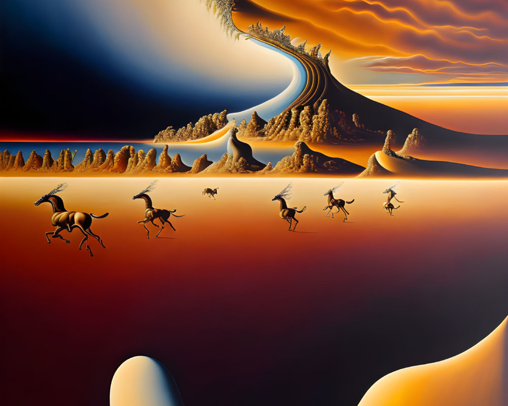 Surreal landscape with transitioning horses under vibrant orange sky