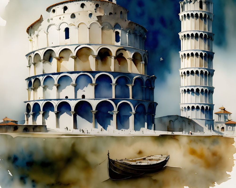 Leaning Tower of Pisa Artwork with Boat on Watercolor Background