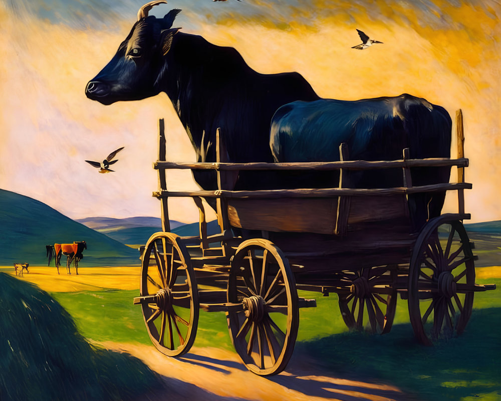 Large bull on cart in grassy field under yellow sky with birds and cows.