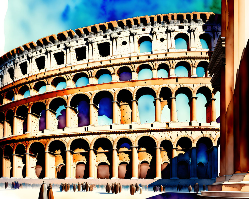 Colorful Abstract Colosseum Scene with Crowd Figures