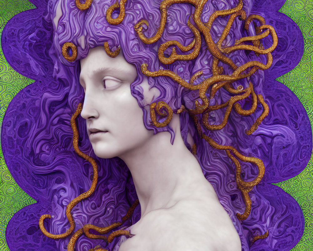 Surreal artwork of person with purple hair and golden serpents on green backdrop