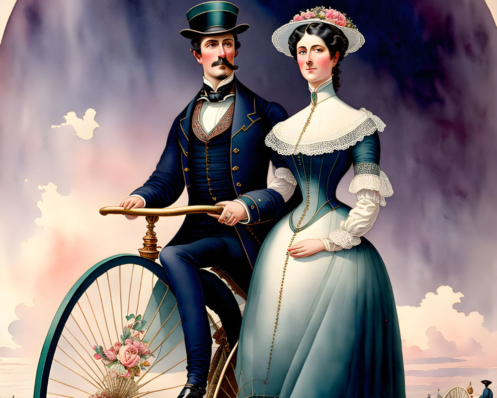 Victorian-era couple with early bicycle in dreamy backdrop