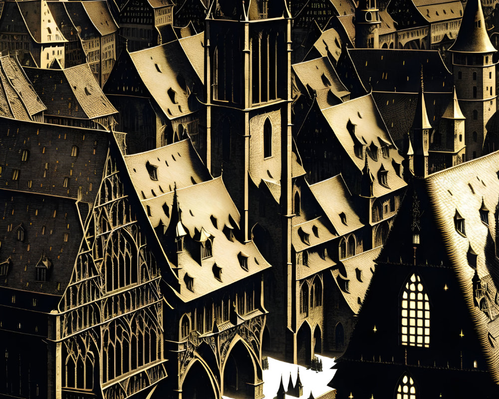 Detailed Sepia-Toned European Medieval Town Illustration