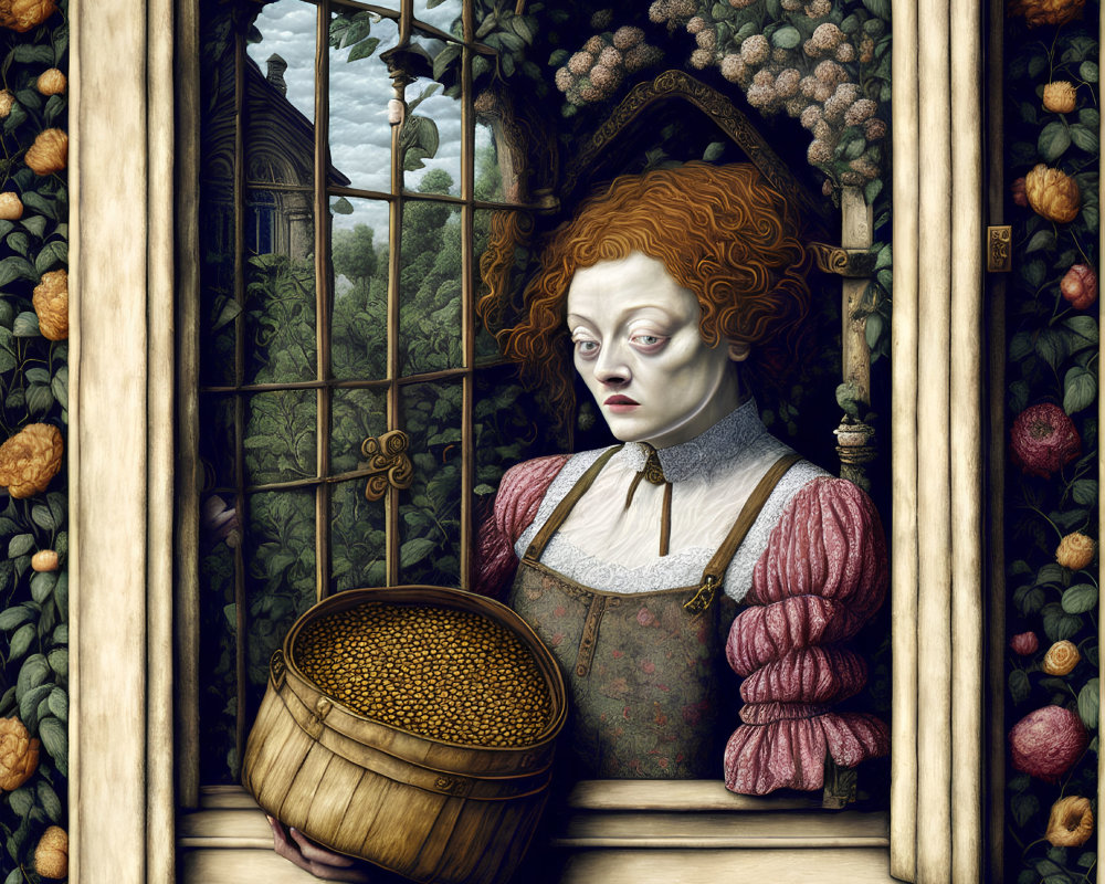 Red-haired woman holding golden orbs by lush window foliage.