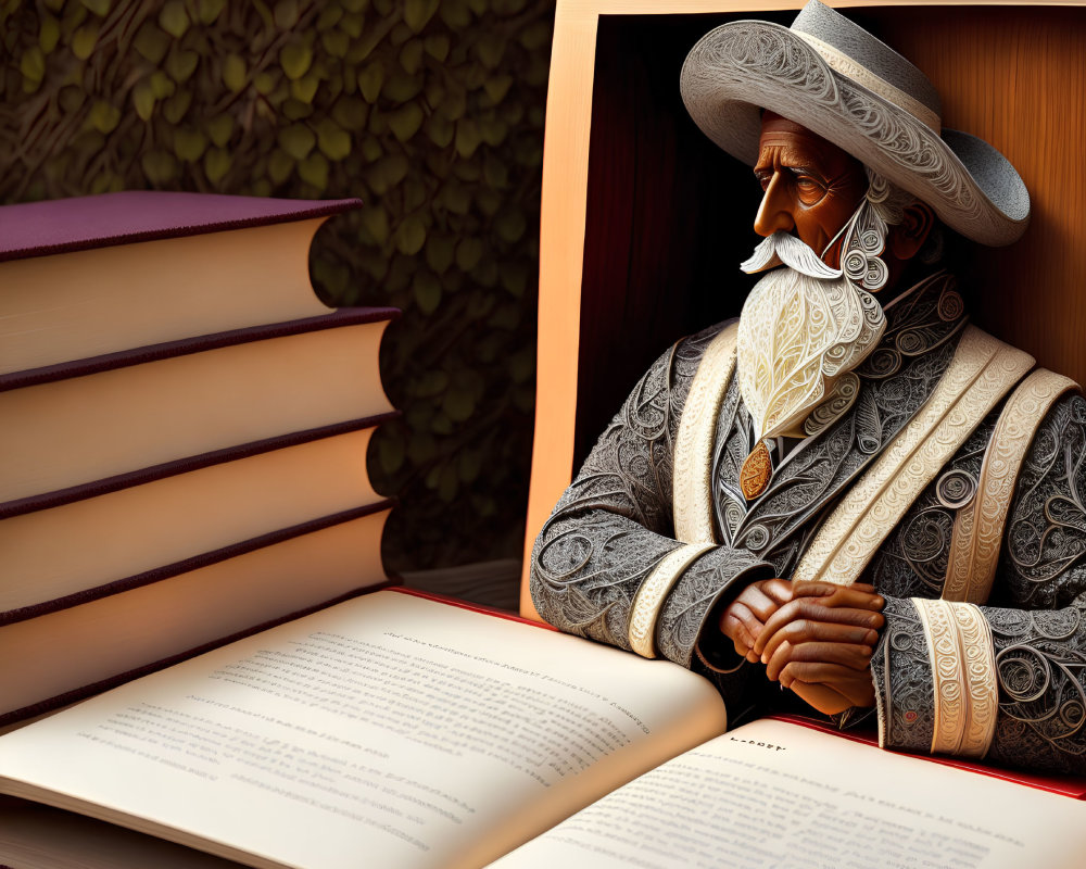 Renaissance-era gentleman in 3D animation emerges from open book