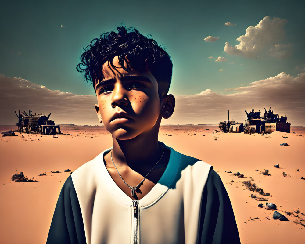 Young boy in pensive pose amid desolate desert setting