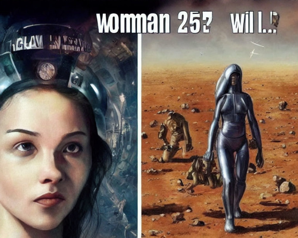 Diptych image: Woman in futuristic helmet next to person exploring Mars-like landscape