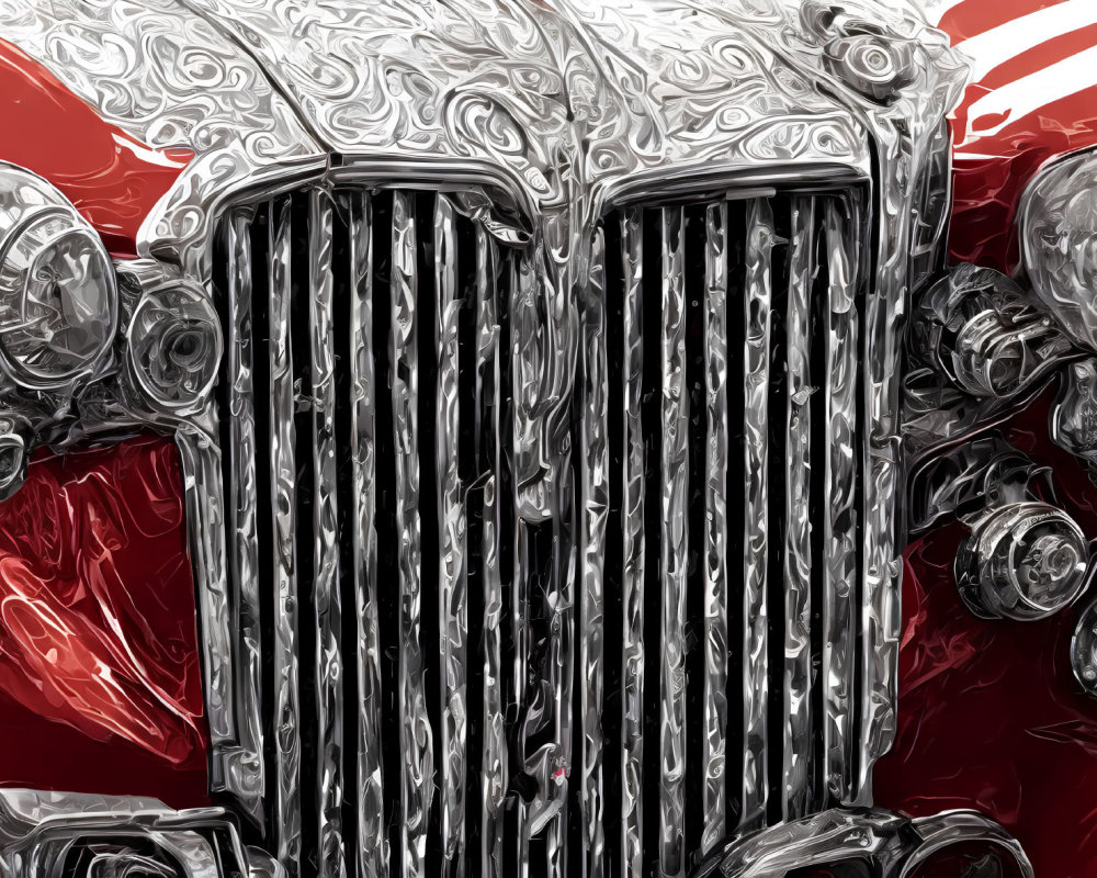 Stylized vintage car grille and headlights with red and white paint and ornate hood detailing