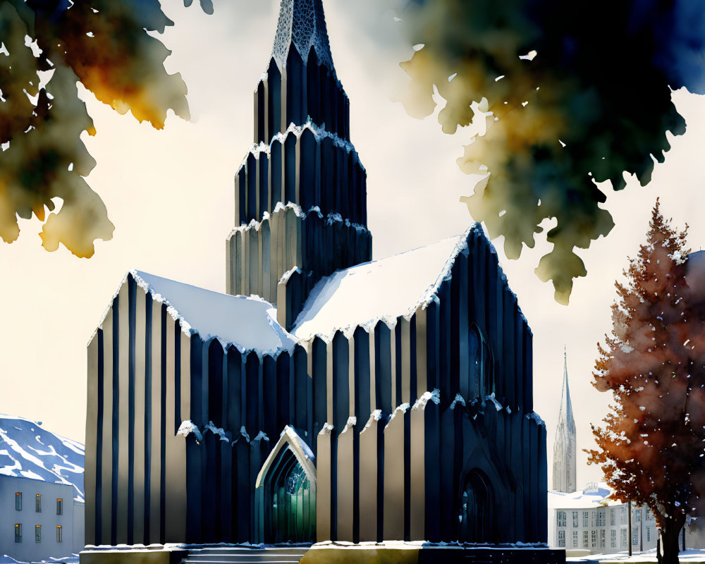 Unique angular architecture of a striking wintry church surrounded by snow-dusted trees