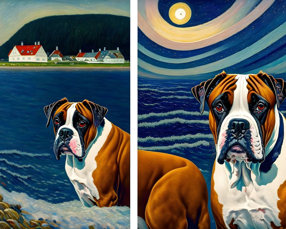 Colorful Coastal Village & Boxer Dogs Diptych Under Starry Night Sky