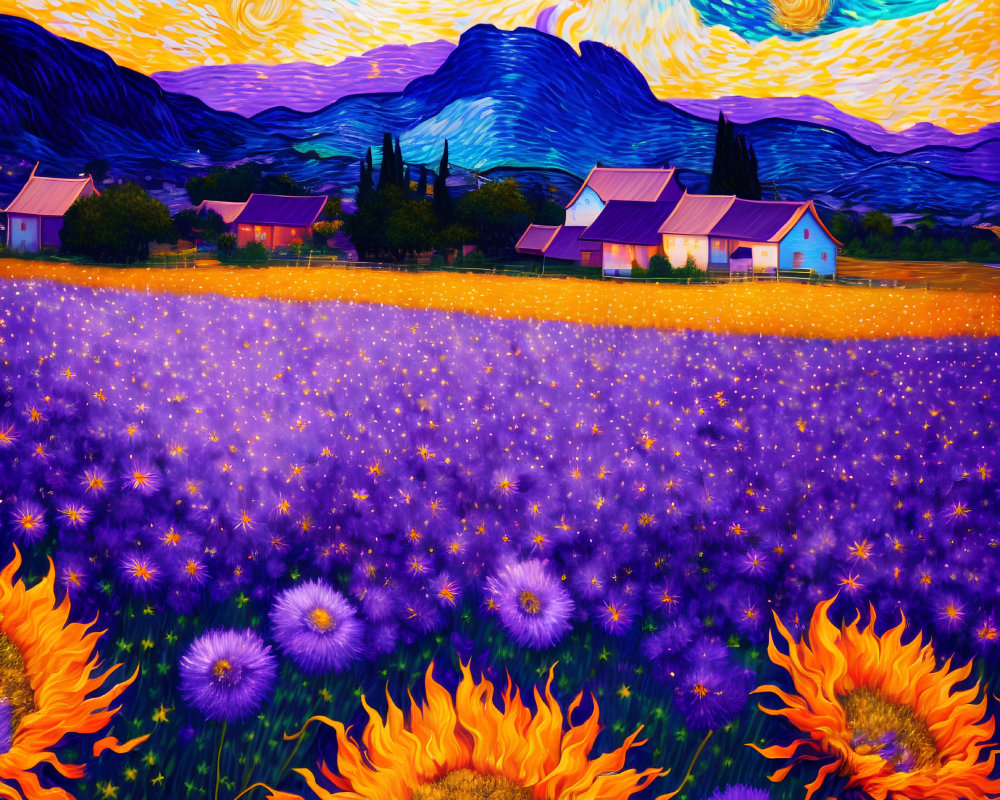 Colorful Starry Sky Painting with Village, Swirling Clouds, and Flowers