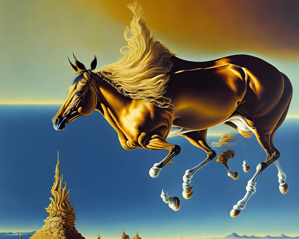 Golden horse painting: surreal galloping scene with clouds and desert sky