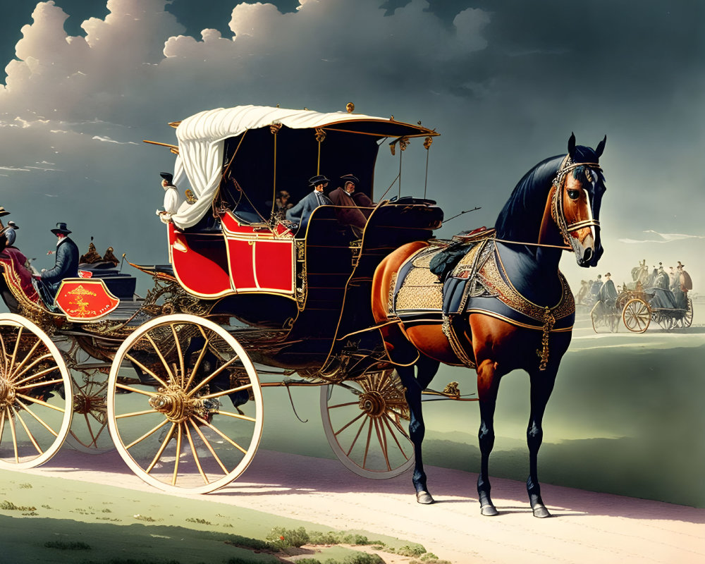 Vintage horse-drawn carriage with canopy and coachman under cloudy sky