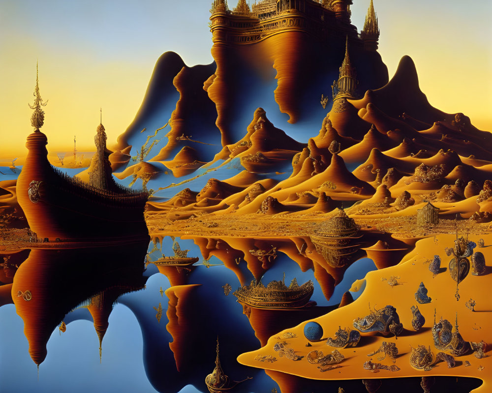 Surreal landscape with temple-like structures on undulating terrain under gradient sky